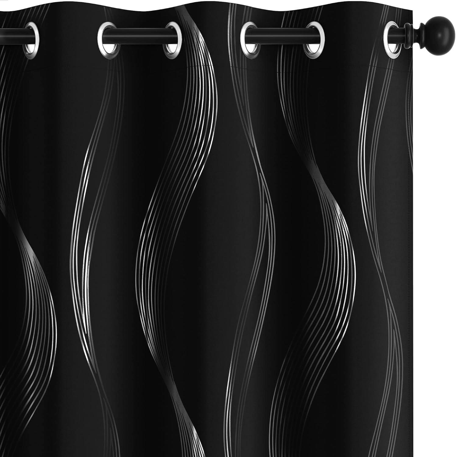 Deconovo Blackout Curtains - Silver Wave Print, Thermal Insulated, Noise Reducing, Privacy Drapes for Bedroom & Living Room (42W x 84L Inch, Black, 2 Panels)