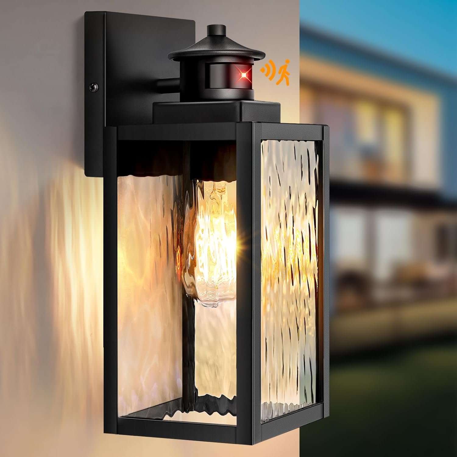 11.6" Motion Sensor Outdoor Lights Fixture, Dusk to Dawn Exterior Porch Light Wall Mount with Water-Rippled Glass, Black Modern Outside Wall Sconce Lanterns for House, Garage, Bulbs Not Included