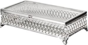 Handmade Fancy Keepsake Boxes, Metal Display Cases with Clear Acrylic Lids, Vintage Gold Jewelry Box, Decorative Boxes with Lids for Home Décor, and Storage (Medium, Silver)