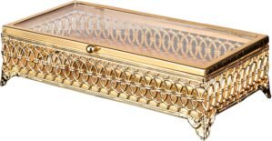 Handmade Fancy Keepsake Boxes, Metal Display Cases with Clear Acrylic Lids, Vintage Gold Jewelry Box, Decorative Boxes with Lids for Home Décor, and Storage (Medium, Gold)