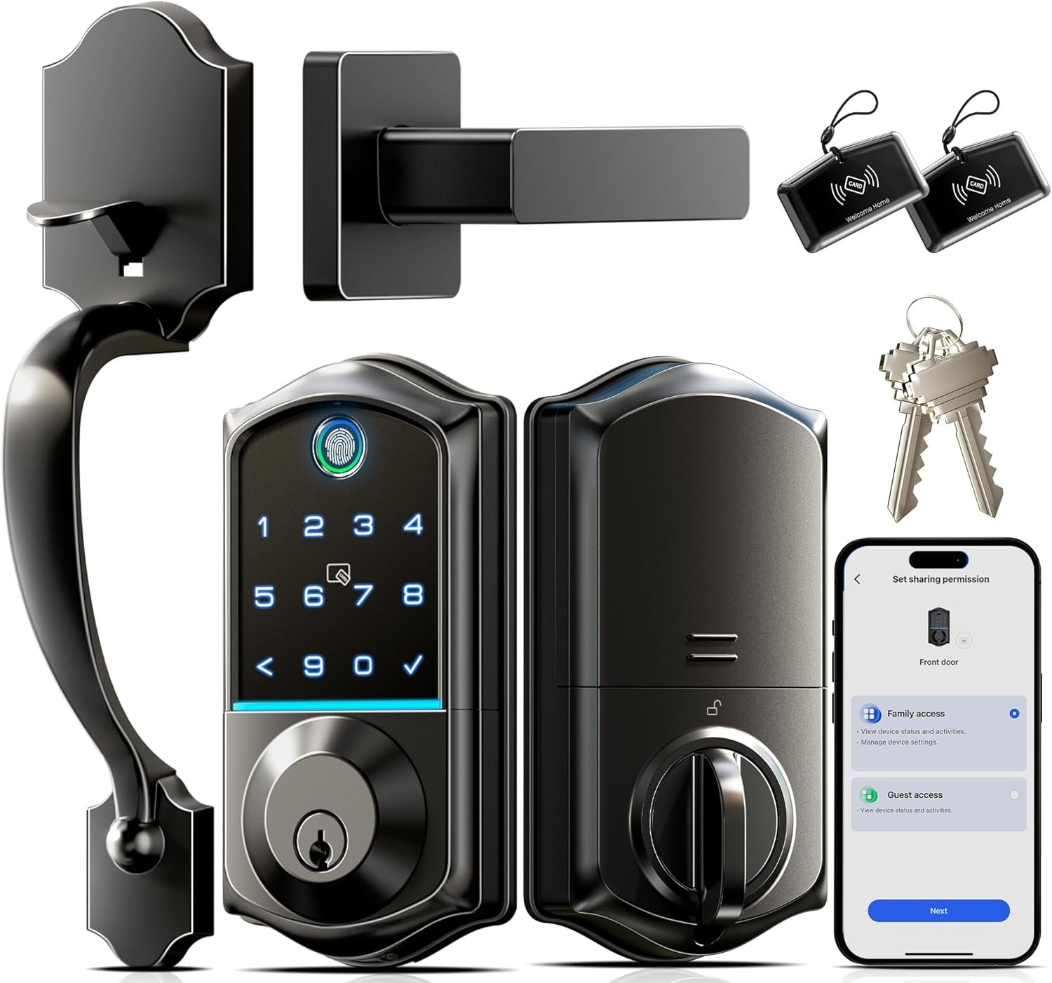 Veise Fingerprint Smart Front Door Lock Set, App Control, Keyless Entry Door Lock with Handle, Smart Deadbolt, Emergency Power Port, Digital Touchscreen Keypad, Auto Locking, Easy Install, Matte Black