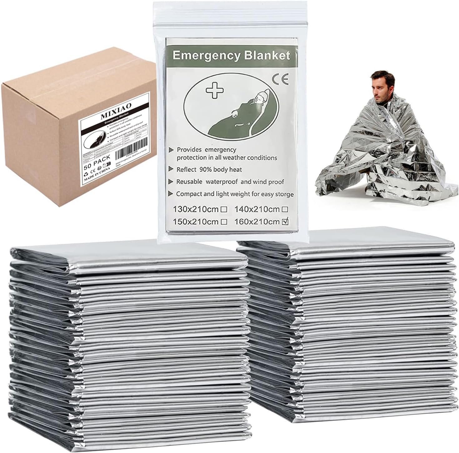 Emergency Foil Thermal Blanket (Pack of 50), 210 x 160 cm (82" x 63") Emergency shelter Survival Reflective Blankets Perfect for Outdoors, Hiking, Survival, Marathons or First Aid