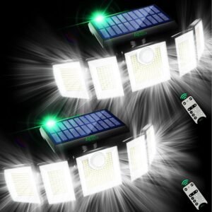 Solar Lights Outdoor Waterproof Motion Sensor – 416 LEDs 3000 Lumens Super Bright 3 Brightness 3 Modes 2400mAh 360° Illumination 32ft Solar Flood Security Light for Outside – 2Pack