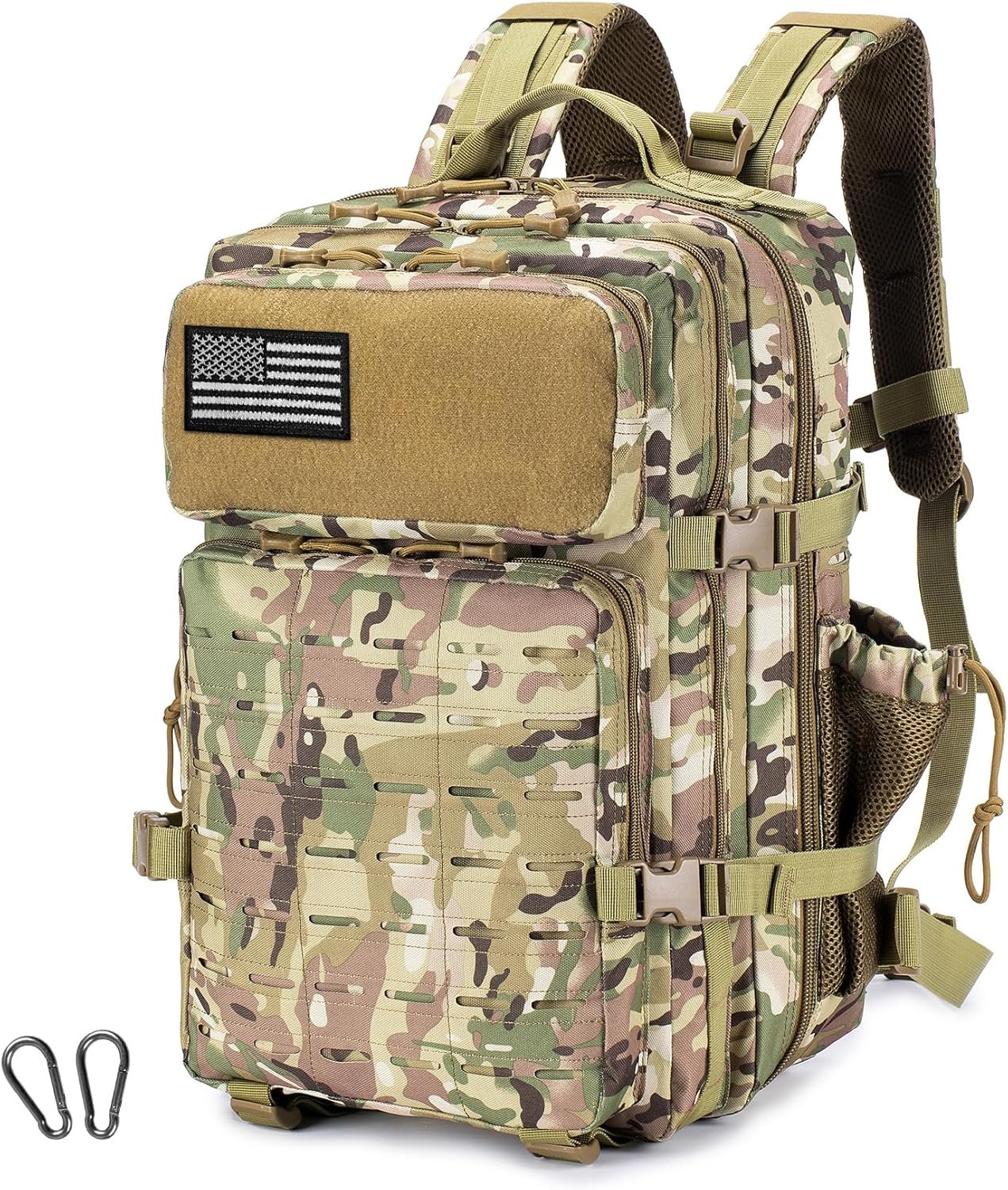 Tactical Military Backpack for Man, 45L Waterproof Army Pack Rucksack Hiking Laptop Backpack 3 Day Bug Out Bag, Includes Two Flags and Two Carabiner CP