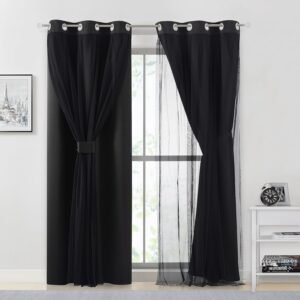 Bujasso Black Full Blackout Curtains with Sheer Overlay Mix and Match Double Layer Thermal Insulated Window Panels 84 inch for Living Room Bedroom Black Drapes with Tiebacks Grommet Top 37″ Wx84 Lx2