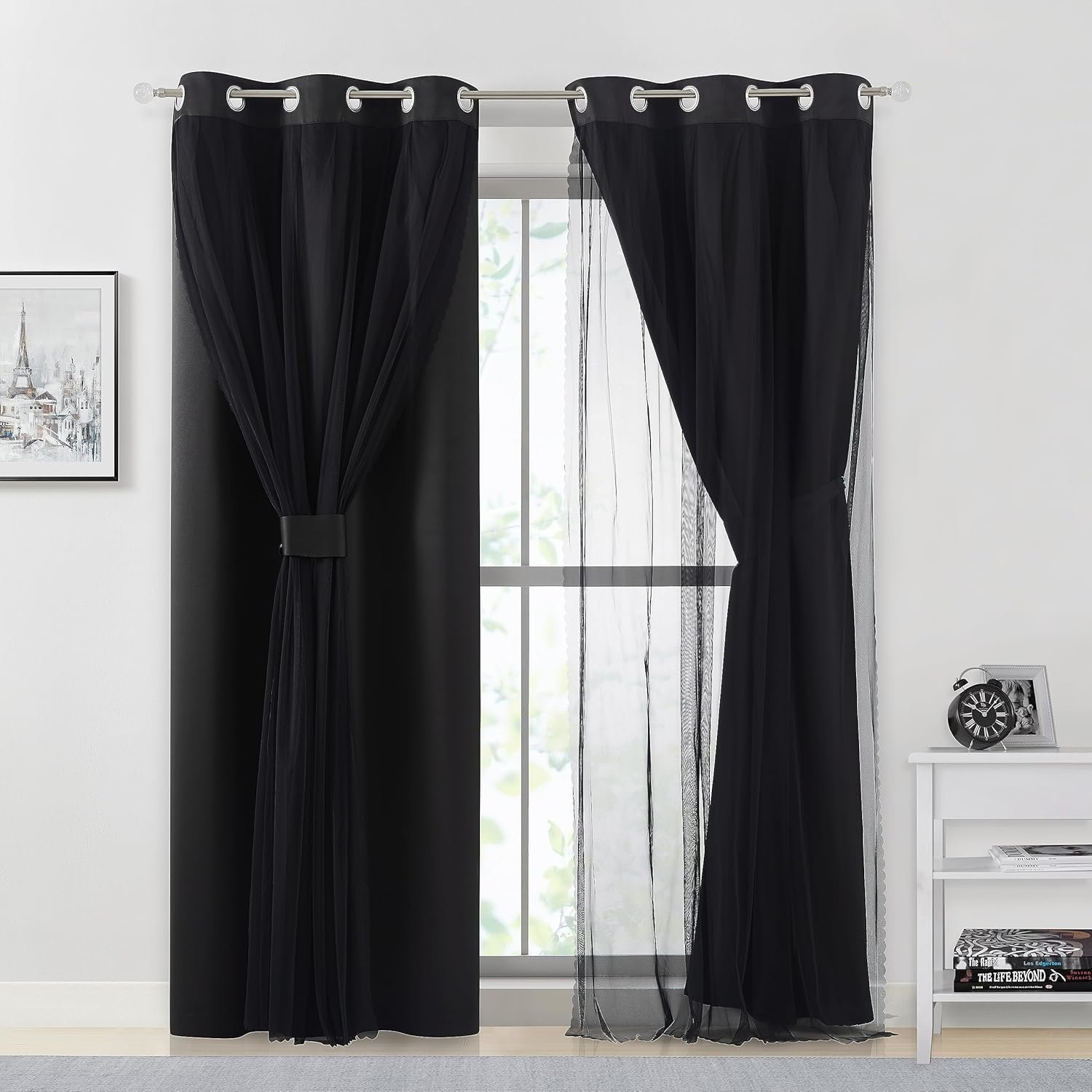 Bujasso Black Full Blackout Curtains with Sheer Overlay Mix and Match Double Layer Thermal Insulated Window Panels 84 inch for Living Room Bedroom Black Drapes with Tiebacks Grommet Top 37" Wx84 Lx2