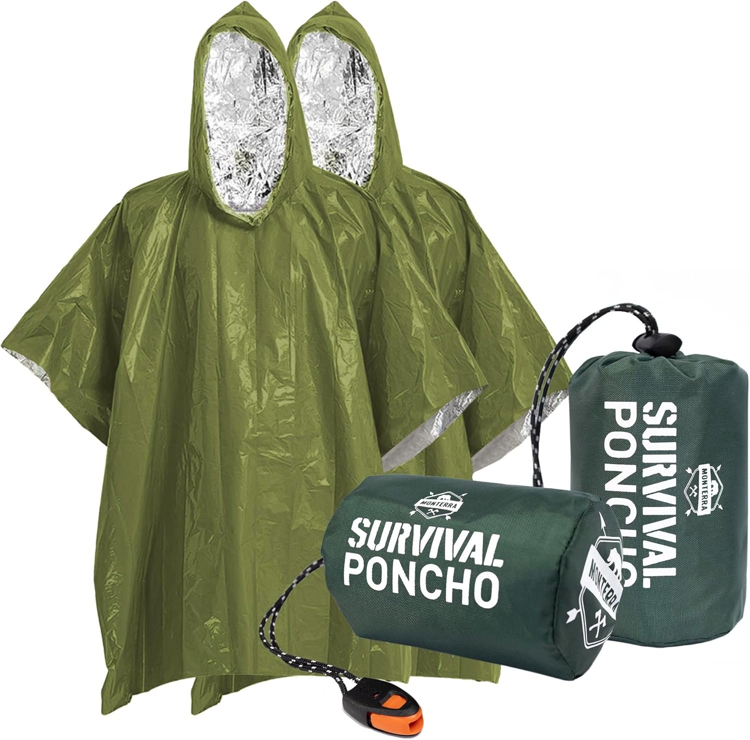 Emergency Survival Poncho. 2 Thermal Mylar Space Blanket Rain Ponchos. Camping Accessories, Outdoor Survival Gear.