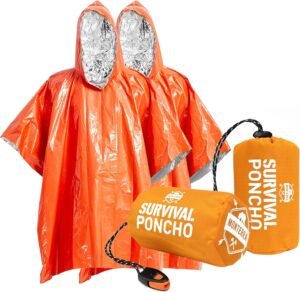 Emergency Survival Poncho. 2 Thermal Mylar Space Blanket Rain Ponchos. Camping Accessories, Outdoor Survival Gear.