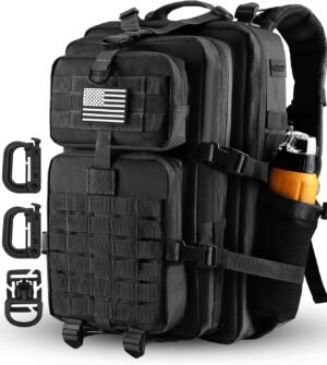 45L MOLLE Assault Backpack, Tactical Backpack Military Army Camping Rucksack with Bottle Holder, 3-Day Pack Trip w/USA Flag Patch, D-Rings, Black with Grey Patch