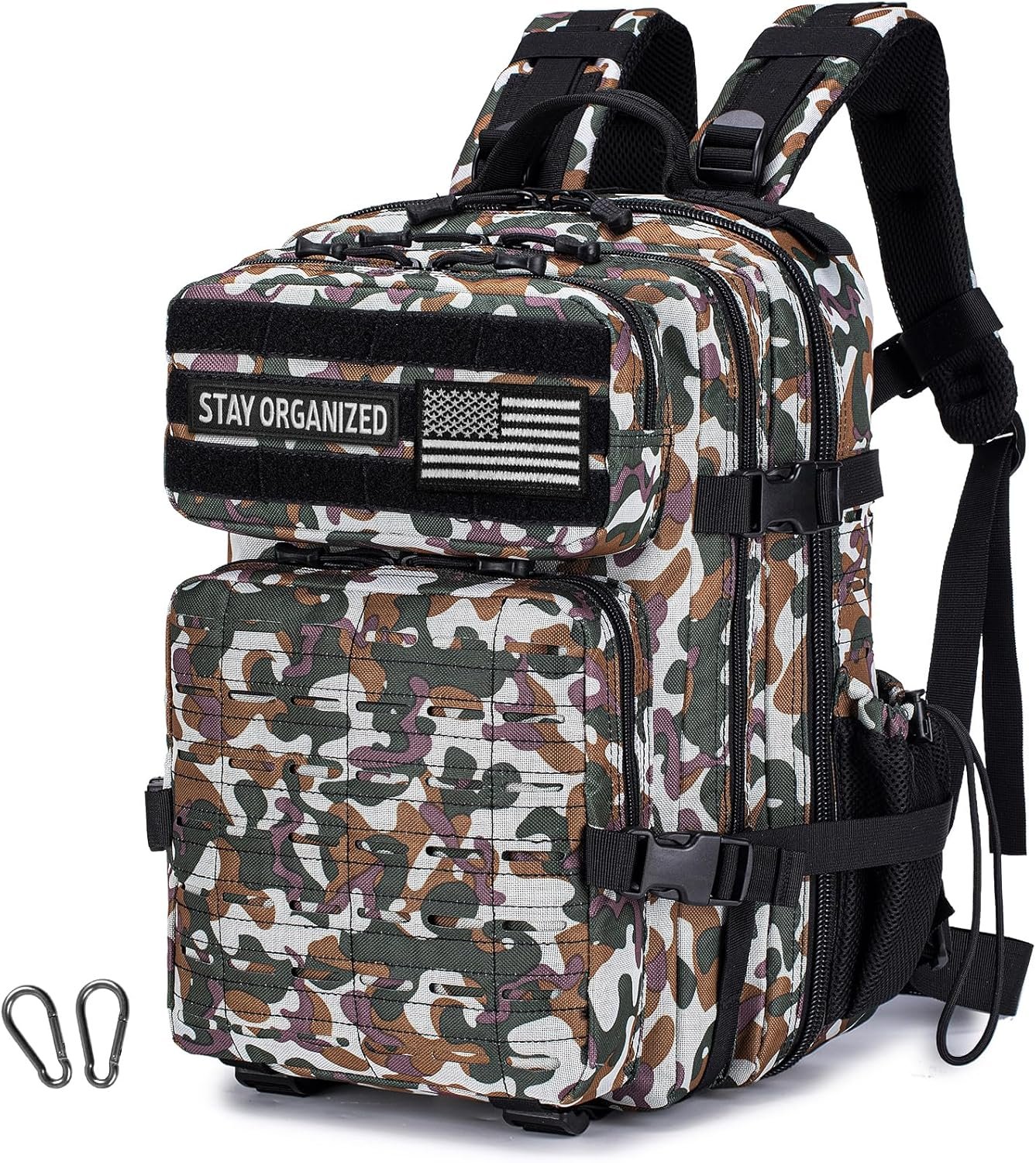 Tactical Military Backpack for Man, 25L Waterproof Army Assault Pack Rucksack Hiking Laptop Backpack 3 Day Bug Out Bag, Includes Two Flags and Two Carabiner