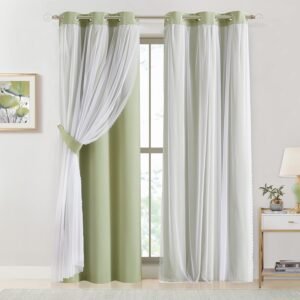 Bujasso Sage Green 90% Blackout Curtains with Sheer Overlay Mix and Match Double Layer Thermal Insulated Window Panels 84 inch Living Room Bedroom Green Drapes with Tiebacks Grommet Top 37″ Wx84 Lx2
