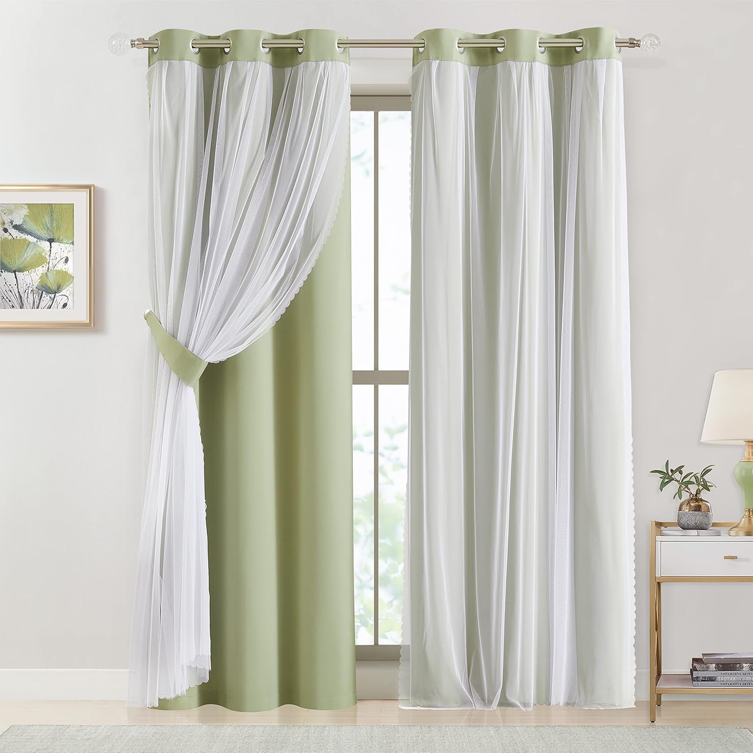 Bujasso Sage Green 90% Blackout Curtains with Sheer Overlay Mix and Match Double Layer Thermal Insulated Window Panels 84 inch Living Room Bedroom Green Drapes with Tiebacks Grommet Top 37" Wx84 Lx2