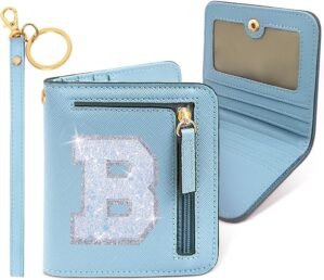 COSHAYSOO Initial RFID Wallet Small for Women Teenager Girl Travel Daily Stuff Storage Organizer, Mini Bifold Wallet Pocket Purse with Zipper ID Cash Slot Teacher Nurse Sister Mother Gift Blue B