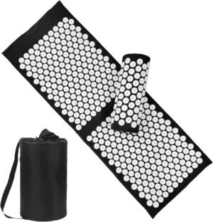 XiaoMaGe Acupressure Mat and Pillow Set with Bag – Extra Long Acupuncture Mat for Neck & Back Pain Relief- Naturally Relaxation Gift for Women – Stress Relief Massage Mat (Black)