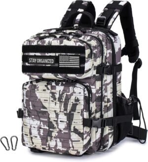 Tactical Military Backpack for Man, 25L Waterproof Army Assault Pack Rucksack Hiking Laptop Backpack 3 Day Bug Out Bag, Includes Two Flags and Two Carabiner