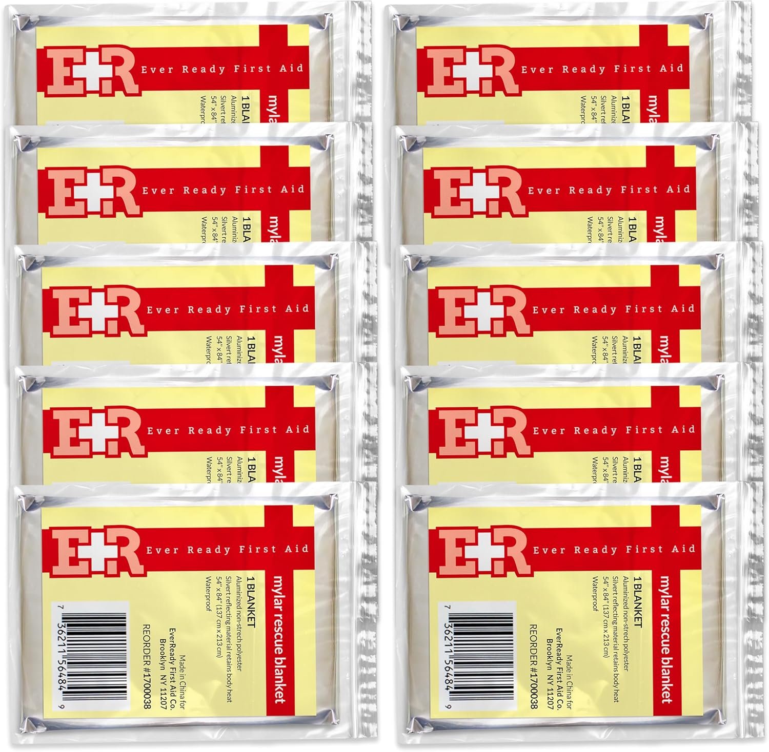 Ever Ready First Aid Mylar Rescue Blanket, Large Silver Thermal Sheet for Emergency and Survival, 54” x 84” – 10 Count