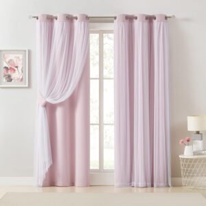 Bujasso Pink Blackout Curtains with Sheer Overlay Mix and Match Double Layer 80% Room Darkening Window Treatment Set for Girls Bedroom Living Room Pink Drapes with Tiebacks Grommet Top 37″ Wx84 Lx2