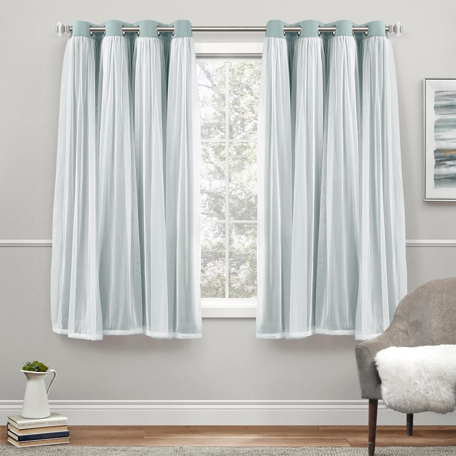 TOWN & COUNTRY LUXE Talia Double Layer Indoor Curtains, Sheer and Room Darkening Blackout, Grommet Top, Energy Efficient, 2-Pack Set, 52"x63", Mint Green