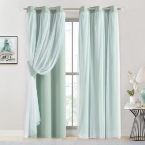 Bujasso Aqua 80% Blackout Curtains with Sheer Overlay Mix and Match Double Layer Thermal Insulated Window Panels 84 inch for Living Room Bedroom Mint Green Drapes with Tiebacks Grommet Top 37″Wx84″Lx2