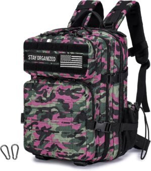 Tactical Military Backpack for Man, 25L Waterproof Army Assault Pack Rucksack Hiking Laptop Backpack 3 Day Bug Out Bag, Includes Two Flags and Two Carabiner