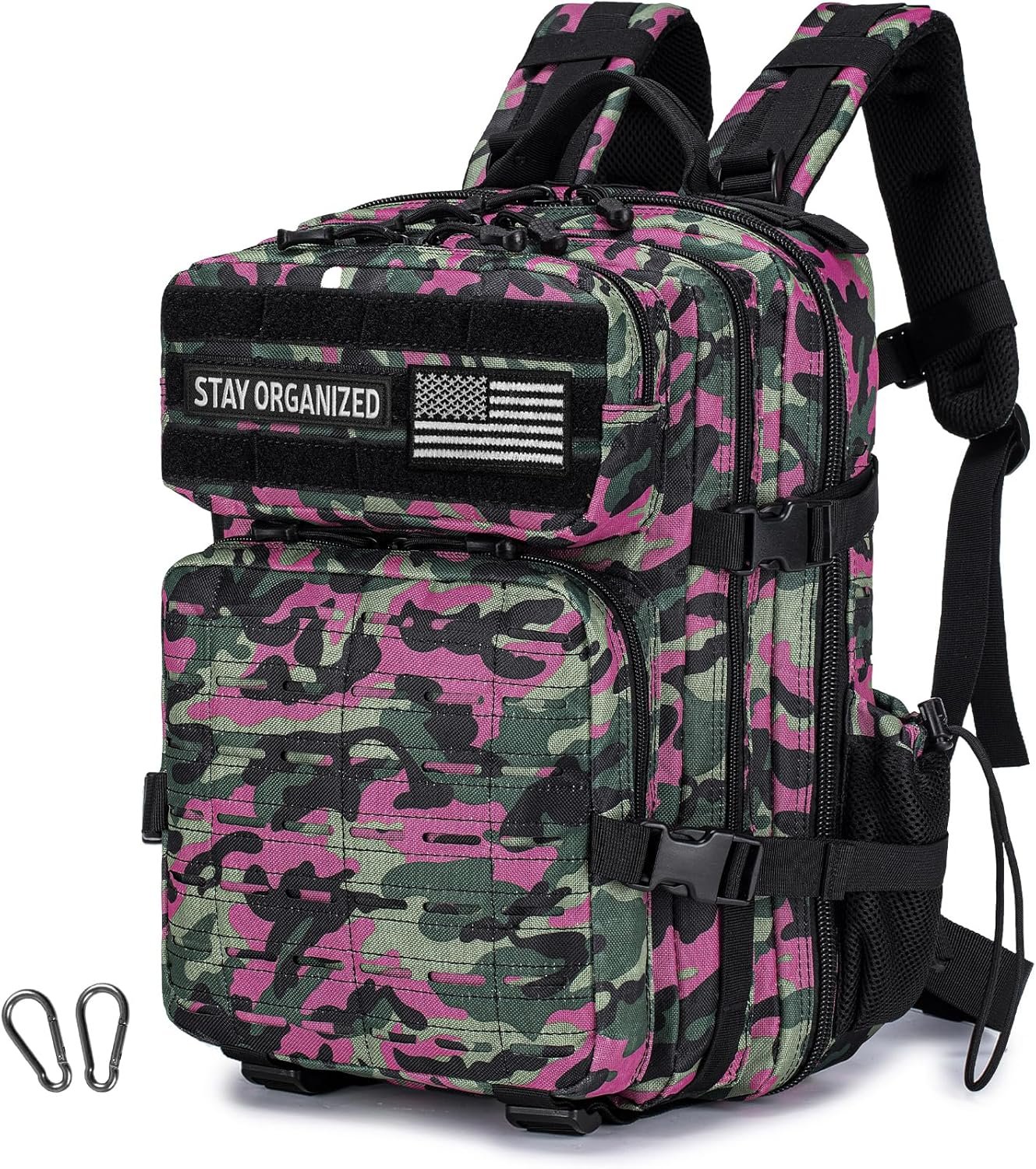 Tactical Military Backpack for Man, 25L Waterproof Army Assault Pack Rucksack Hiking Laptop Backpack 3 Day Bug Out Bag, Includes Two Flags and Two Carabiner