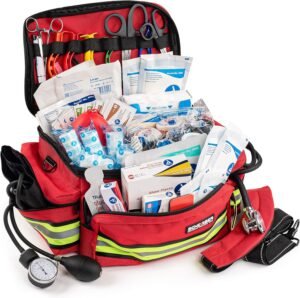 Scherber First Responder Fully-Stocked Professional Essentials EMT/EMS Trauma Kit | HSA/FSA Approved | Reflective Bag w/8 Zippered Pockets & Compartments & 200+ First Aid Supplies – Red