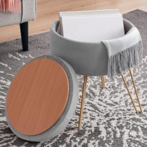 Ornavo Home Modern Round Velvet Storage Ottoman Foot Rest Stool/Seat with Gold Metal Legs & Tray Top Coffee Table – Silver