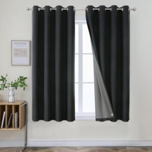 Joydeco Black 100% Blackout Curtains for Bedroom, Room Darkening Thermal Insulated Short Textured Grommets Drapes for Living Room (42×63 inch, Black)