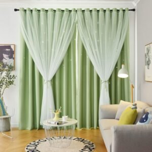 Stars Double Layer Blackout Curtains for Bedroom Kids, Cute Green Curtains 84 Inches Long, 2 Panels Set, 52 X 84 Inches