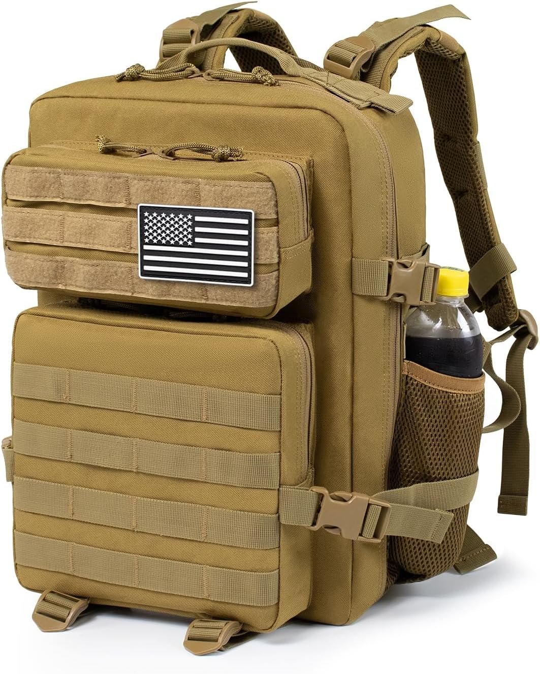 25L Small Tactical Khaki Backpack for Men and Women,Military Backpacks Rucksack with Molle Webbing Camping Daypack Bug Out Bag With Bottle Holder(25L)