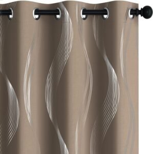 Deconovo Blackout Curtains – Silver Wave Print, Thermal Insulated, Noise Reducing, Privacy Drapes for Bedroom & Living Room (52W x 45L Inch, Khaki, 2 Panels)