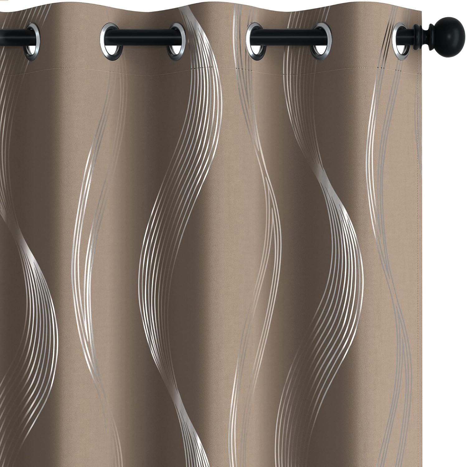 Deconovo Blackout Curtains - Silver Wave Print, Thermal Insulated, Noise Reducing, Privacy Drapes for Bedroom & Living Room (52W x 45L Inch, Khaki, 2 Panels)
